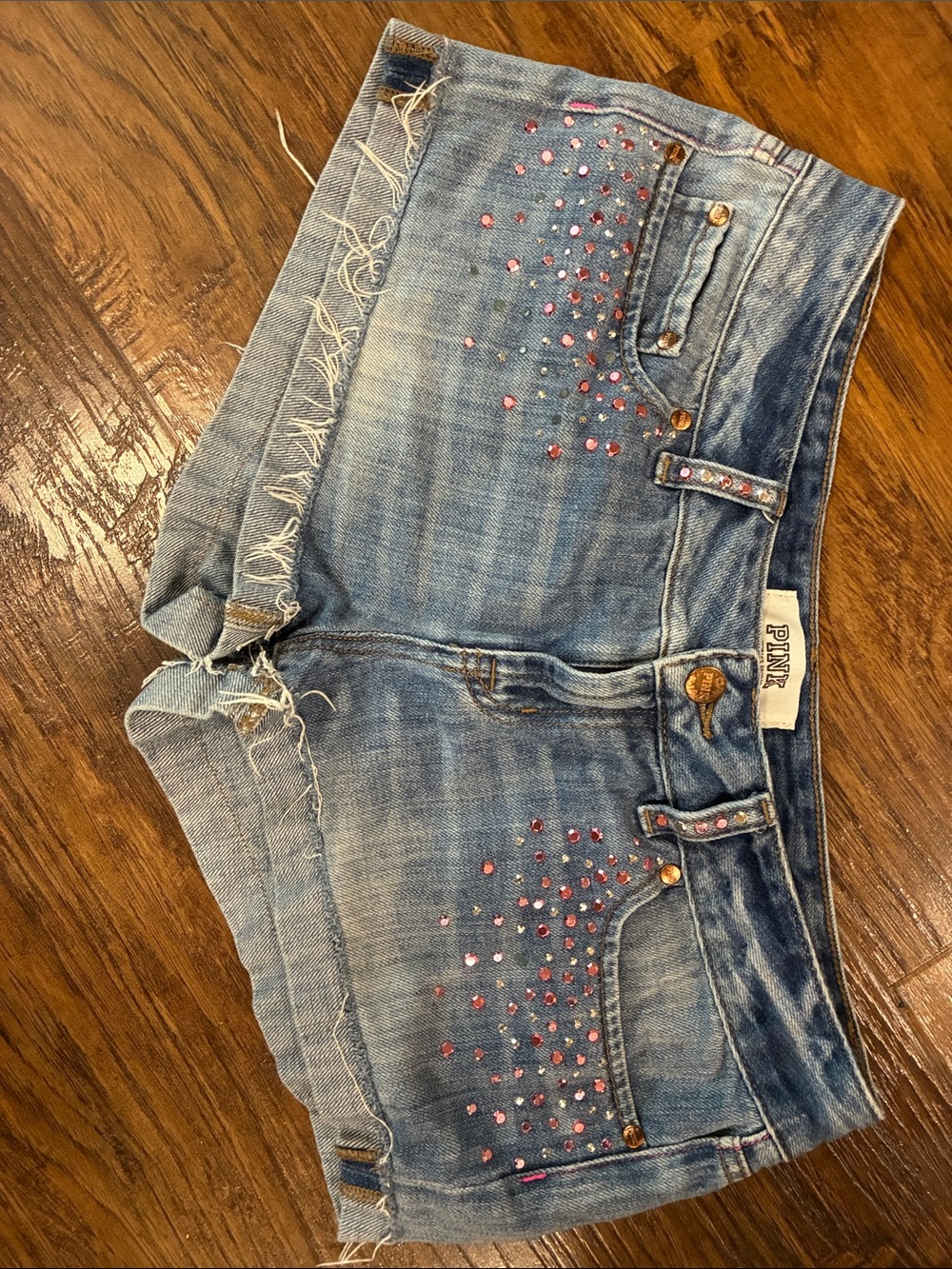 PINK Victoria's Secret Light Blue Denim Women's Shorts with Pink Crystal Accents